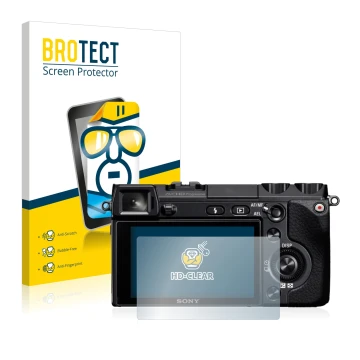 Front side of a product packaging with the brand logo BROTECT. Next to it is the device Sony Alpha NEX-7 shown with the corres