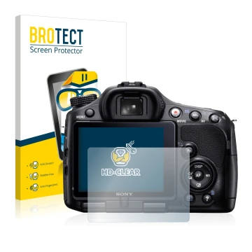 Front side of a product packaging with the brand logo BROTECT. Next to it is the device Sony Alpha 65V (SLT-A65V) shown with t