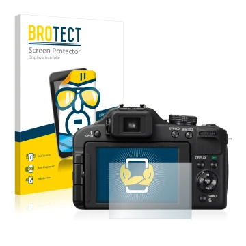 Front side of a product packaging with the brand logo BROTECT. Next to it is the device Panasonic Lumix DMC-FZ150 shown with t