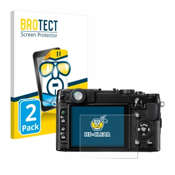 Front side of a product packaging with the brand logo BROTECT. Next to it is the device Fujifilm FinePix X10 shown with the co