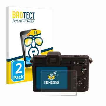 Front side of a product packaging with the brand logo BROTECT. Next to it is the device Nikon 1 V1 shown with the correspondin