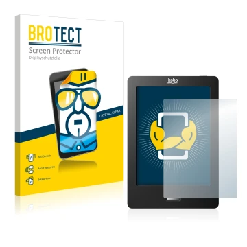 Front side of a product packaging with the brand logo BROTECT. Next to it is the device Kobo eReader Touch shown with the corr