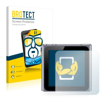 Front side of a product packaging with the brand logo BROTECT. Next to it is the device Apple iPod nano 2011 (6th. Gen.) shown