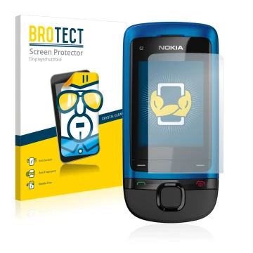Front side of a product packaging with the brand logo BROTECT. Next to it is the device Nokia C2-05 shown with the correspondi