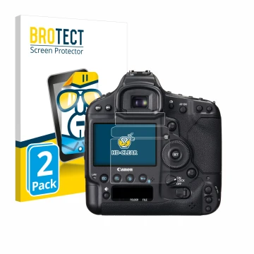 Front side of a product packaging with the brand logo BROTECT. Next to it is the device Canon EOS 1D X shown with the correspo