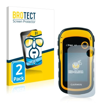 Front side of a product packaging with the brand logo BROTECT. Next to it is the device Garmin eTrex 10 shown with the corresp