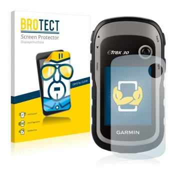 Front side of a product packaging with the brand logo BROTECT. Next to it is the device Garmin eTrex 30 shown with the corresp