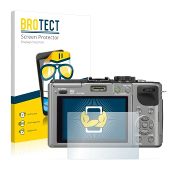 Front side of a product packaging with the brand logo BROTECT. Next to it is the device Panasonic Lumix DMC-GX1 shown with the