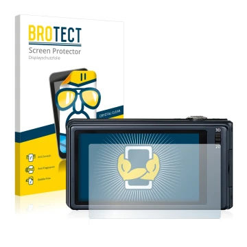 Front side of a product packaging with the brand logo BROTECT. Next to it is the device Panasonic Lumix DMC-3D1 shown with the