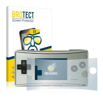Front side of a product packaging with the brand logo BROTECT. Next to it is the device Nintendo Gameboy Micro shown with the 