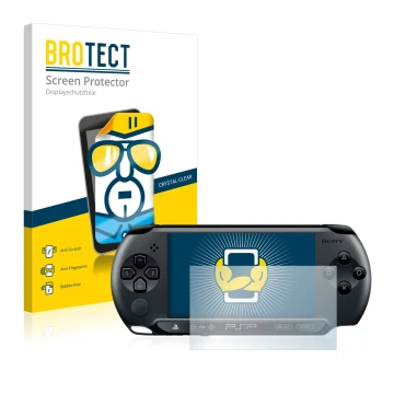 Front side of a product packaging with the brand logo BROTECT. Next to it is the device Sony PSP Street E1004 shown with the c