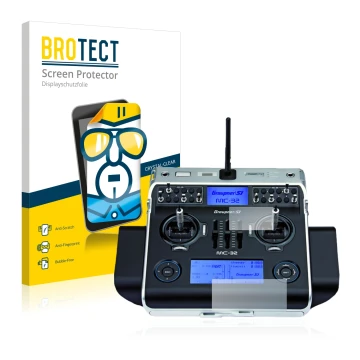 Front side of a product packaging with the brand logo BROTECT. Next to it is the device Graupner MC-32 HoTT shown with the cor