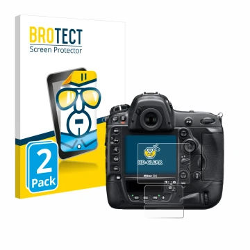 Front side of a product packaging with the brand logo BROTECT. Next to it is the device Nikon D4 shown with the corresponding 