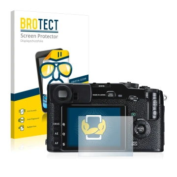 Front side of a product packaging with the brand logo BROTECT. Next to it is the device Fujifilm X-Pro1 shown with the corresp