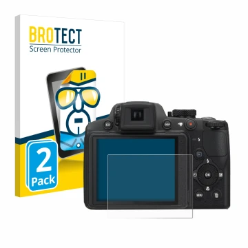 Front side of a product packaging with the brand logo BROTECT. Next to it is the device Nikon Coolpix P510 shown with the corr