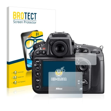 Front side of a product packaging with the brand logo BROTECT. Next to it is the device Nikon D800 shown with the correspondin