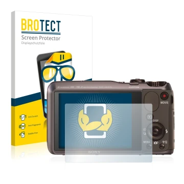 Front side of a product packaging with the brand logo BROTECT. Next to it is the device Sony Cyber-Shot DSC-HX20V shown with t