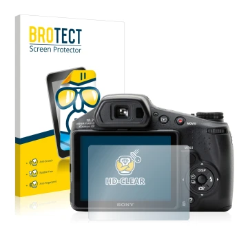 Front side of a product packaging with the brand logo BROTECT. Next to it is the device Sony Cyber-Shot DSC-HX200V shown with 