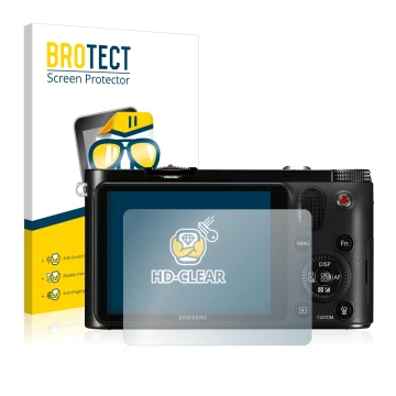 Front side of a product packaging with the brand logo BROTECT. Next to it is the device Samsung NX1000 shown with the correspo