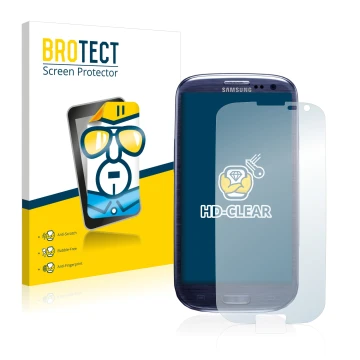 Front side of a product packaging with the brand logo BROTECT. Next to it is the device Samsung Galaxy S3 I9300 shown with the