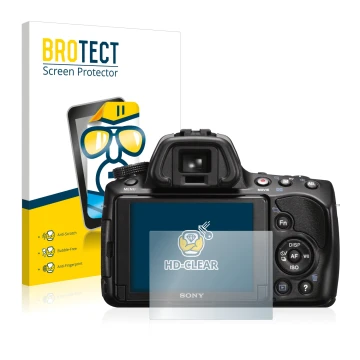 Front side of a product packaging with the brand logo BROTECT. Next to it is the device Sony Alpha 37 (SLT-A37) shown with the