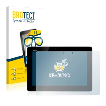 Front side of a product packaging with the brand logo BROTECT. Next to it is the device ASUS Transformer Pad TF300T shown with