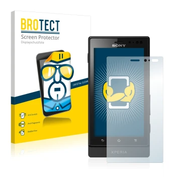 Front side of a product packaging with the brand logo BROTECT. Next to it is the device Sony Xperia Sola MT27i shown with the 