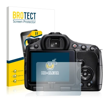 Front side of a product packaging with the brand logo BROTECT. Next to it is the device Sony Alpha 57 (SLT-A57) shown with the