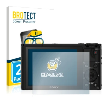 Front side of a product packaging with the brand logo BROTECT. Next to it is the device Sony Cyber-Shot DSC-RX100 shown with t