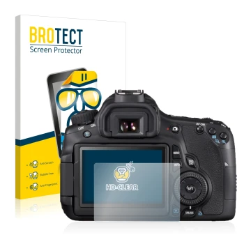 Front side of a product packaging with the brand logo BROTECT. Next to it is the device Canon EOS 650D shown with the correspo