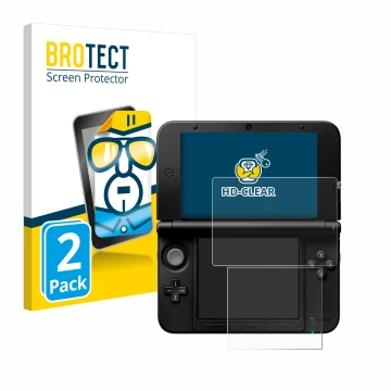 Front side of a product packaging with the brand logo BROTECT. Next to it is the device Nintendo 3DS XL SPM7800 shown with the