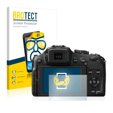 Front side of a product packaging with the brand logo BROTECT. Next to it is the device Panasonic Lumix DMC-FZ200 shown with t