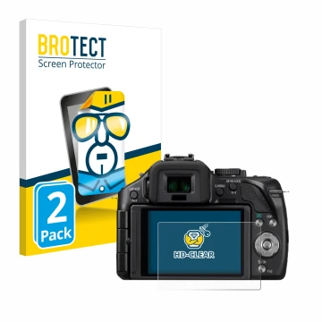 Front side of a product packaging with the brand logo BROTECT. Next to it is the device Panasonic Lumix DMC-G5 shown with the 