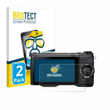 Front side of a product packaging with the brand logo BROTECT. Next to it is the device Sony Alpha NEX-5R shown with the corre