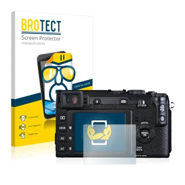 Front side of a product packaging with the brand logo BROTECT. Next to it is the device Fujifilm X-E1 shown with the correspon