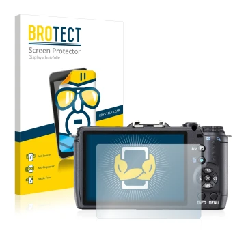 Front side of a product packaging with the brand logo BROTECT. Next to it is the device Pentax Q10 shown with the correspondin