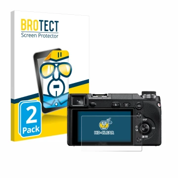 Front side of a product packaging with the brand logo BROTECT. Next to it is the device Sony Alpha NEX-6 shown with the corres