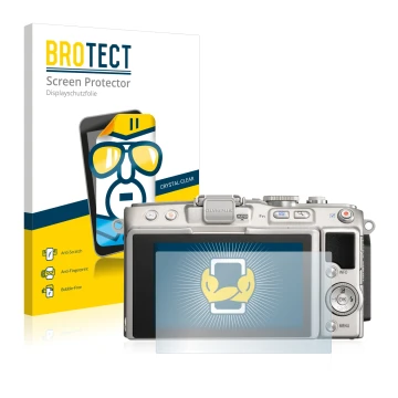 Front side of a product packaging with the brand logo BROTECT. Next to it is the device Olympus PEN Lite E-PL5 shown with the 