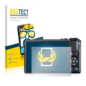 Front side of a product packaging with the brand logo BROTECT. Next to it is the device Canon PowerShot S110 shown with the co