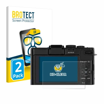 Front side of a product packaging with the brand logo BROTECT. Next to it is the device Leica D-Lux 6 shown with the correspon