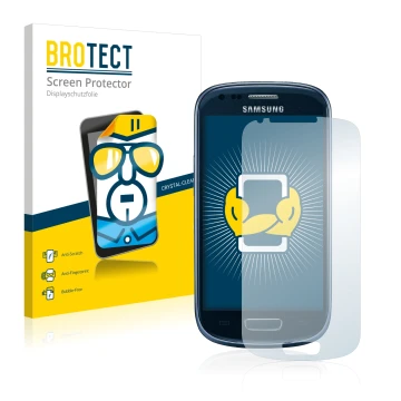 Front side of a product packaging with the brand logo BROTECT. Next to it is the device Samsung Galaxy S3 Mini I8190 shown wit