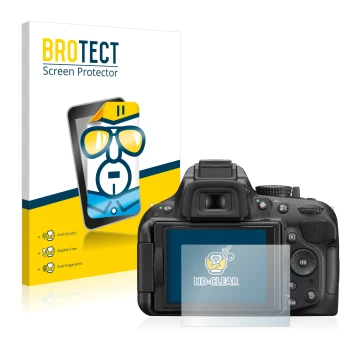 Front side of a product packaging with the brand logo BROTECT. Next to it is the device Nikon D5200 shown with the correspondi
