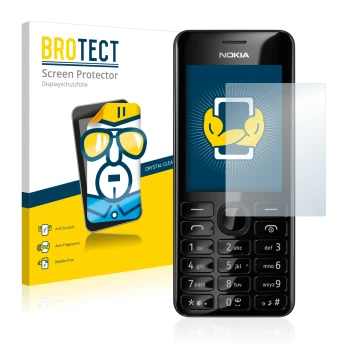 Front side of a product packaging with the brand logo BROTECT. Next to it is the device Nokia 206 Dual SIM shown with the corr