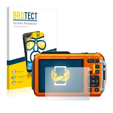 Front side of a product packaging with the brand logo BROTECT. Next to it is the device Panasonic Lumix DMC-FT5 shown with the