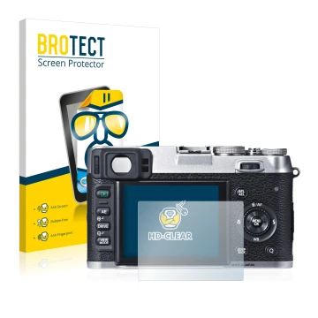 Front side of a product packaging with the brand logo BROTECT. Next to it is the device Fujifilm X100S shown with the correspo