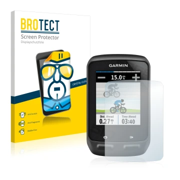 Front side of a product packaging with the brand logo BROTECT. Next to it is the device Garmin Edge 510 shown with the corresp