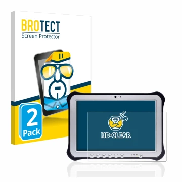 Front side of a product packaging with the brand logo BROTECT. Next to it is the device Panasonic Toughpad FZ-G1 shown with th