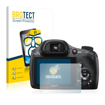 Front side of a product packaging with the brand logo BROTECT. Next to it is the device Sony Cyber-Shot DSC-HX300 shown with t