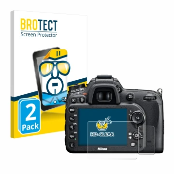 Front side of a product packaging with the brand logo BROTECT. Next to it is the device Nikon D7100 shown with the correspondi