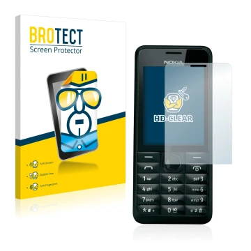 Front side of a product packaging with the brand logo BROTECT. Next to it is the device Nokia 301 shown with the corresponding